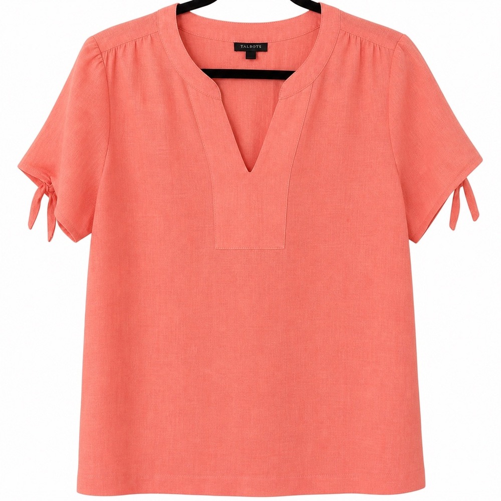 Talbots Womens Small Top Coral Pink 100% Linen Split Neck Short Sleeve Beach